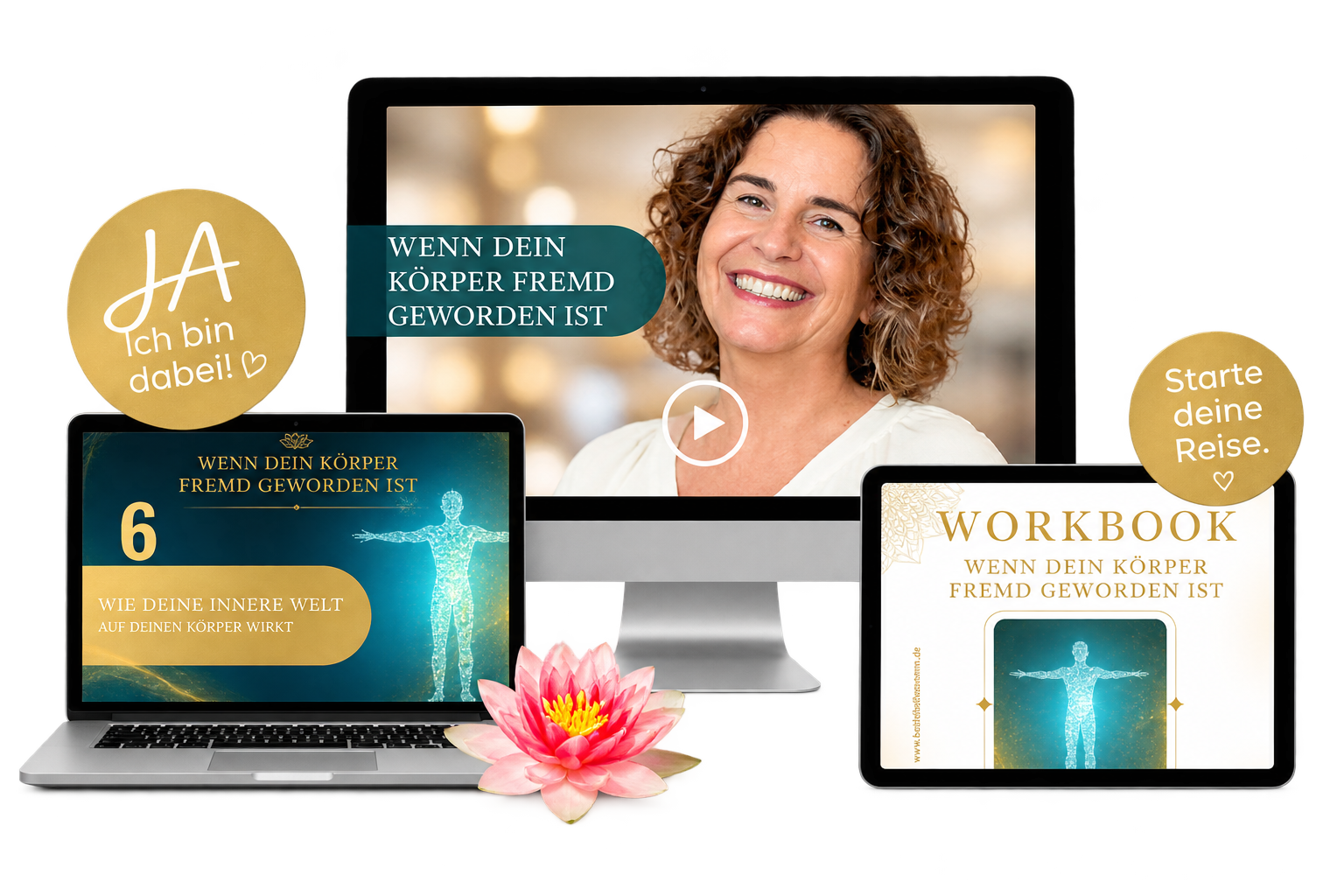Onlinekurs Wenn dein Körper fremd geworden ist – Mockup Onlinekurs „Wenn dein Körper fremd geworden ist“ auf Bildschirm und Laptop, dazu das Workbook auf dem Tablet