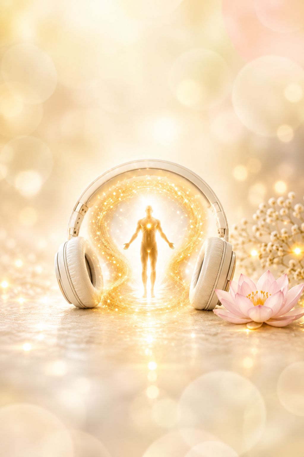 Dein innerer Arzt – Audioreise & PDF Weiße Kopfhörer umschließen eine leuchtende goldene Menschengestalt, daneben eine rosa Lotusblüte