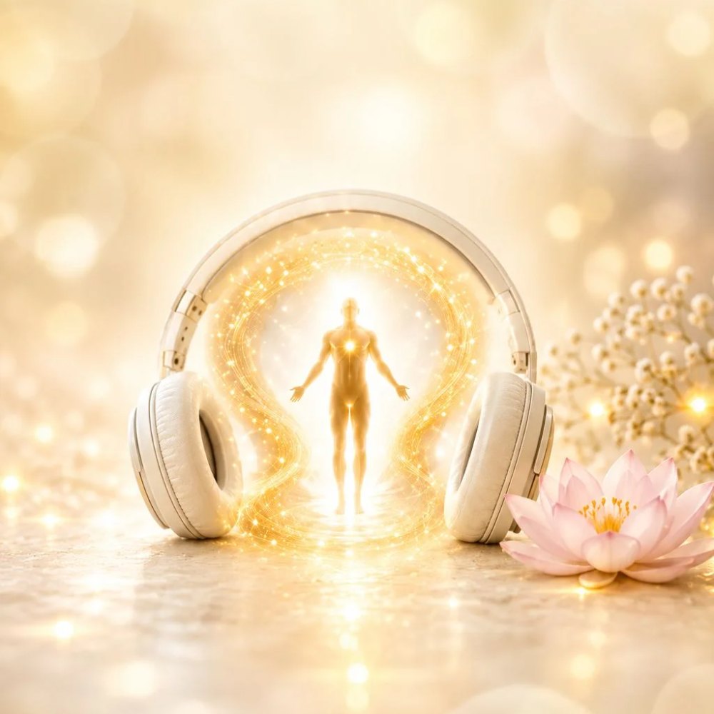 Dein innerer Arzt – Audioreise Kopfhörer mit leuchtender goldener Gestalt und Lotusblüte – Audioreise Dein innerer Arzt